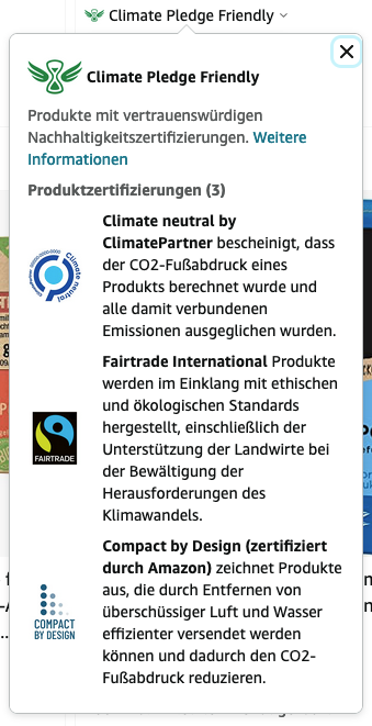 Ansicht der Zertifizierungen des Climate Friendly Pledge Labels